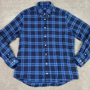Eton Flannel Shirt Large 42 16.5 Blue Contemporary Fit Lightweight Plaid Indigo